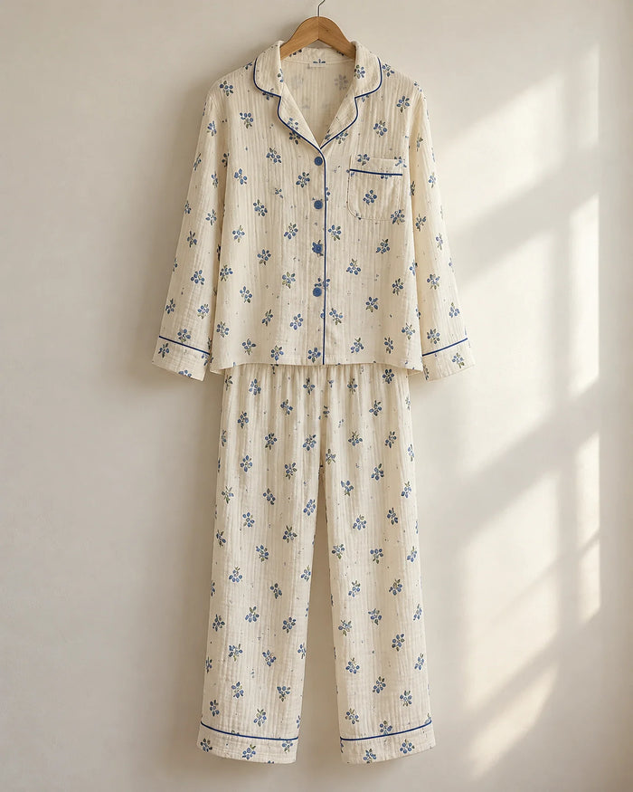 The Cherish Company — Four-Print Piped Muslin Pajamas in Blueberry