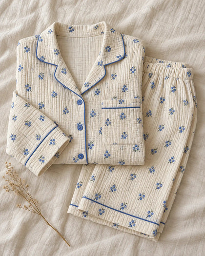 The Cherish Company — Four-Print Piped Muslin Pajamas in Blueberry