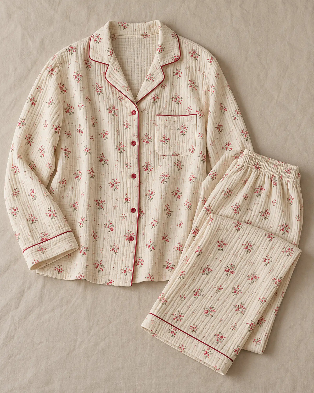 The Cherish Company — Four-Print Piped Muslin Pajamas in Red Flower
