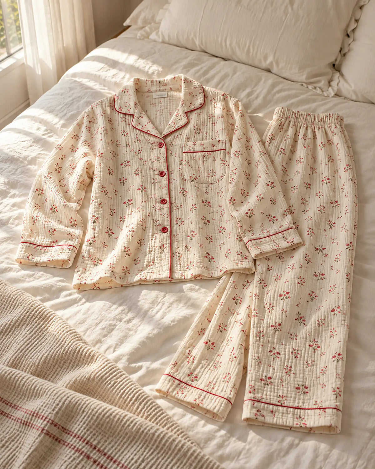 The Cherish Company — Four-Print Piped Muslin Pajamas in Red Flower