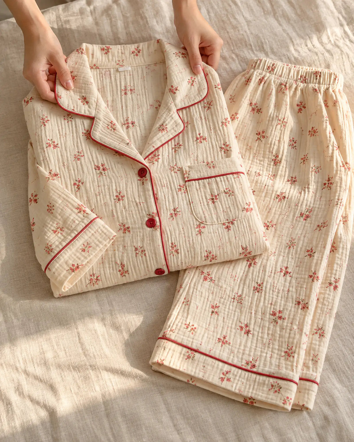 The Cherish Company — Four-Print Piped Muslin Pajamas in Red Flower
