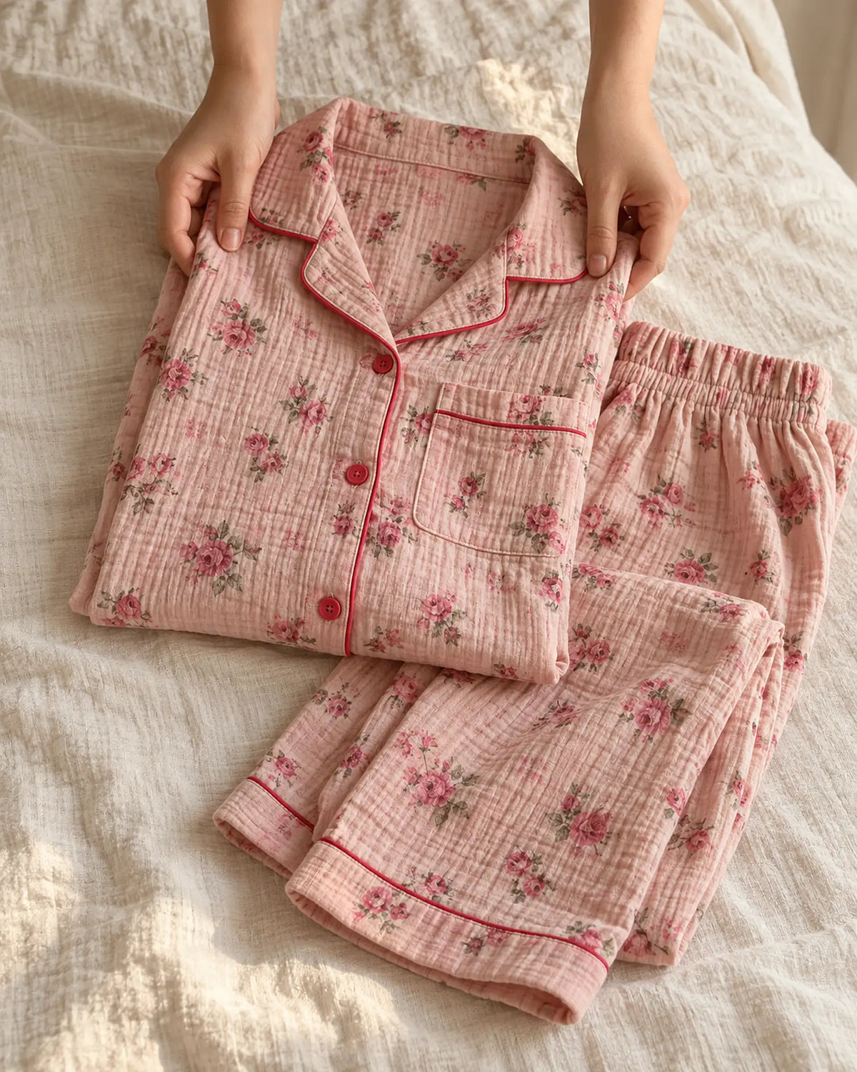 The Cherish Company — Four-Print Piped Muslin Pajamas in Pink Flora