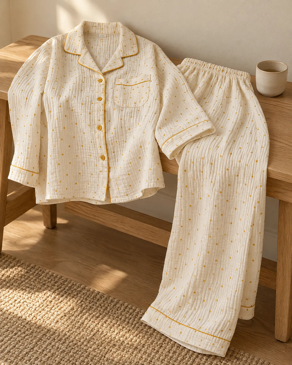 The Cherish Company — Four-Print Piped Muslin Pajamas in Yellow Dot