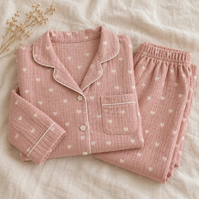 The Cherish Company — Oversized Cotton Pajamas with Heart Print in Pink