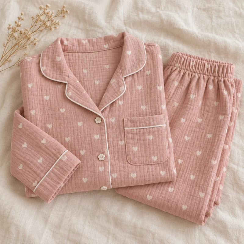 The Cherish Company — Oversized Cotton Pajamas with Heart Print in Pink