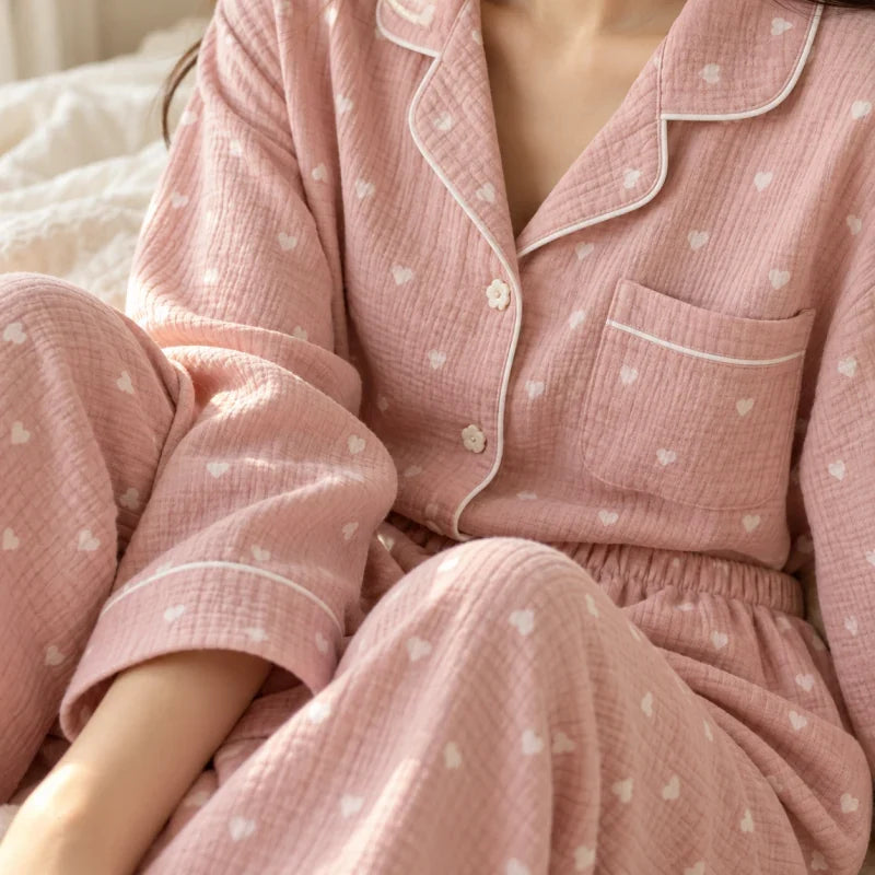 The Cherish Company — Oversized Cotton Pajamas with Heart Print in Pink