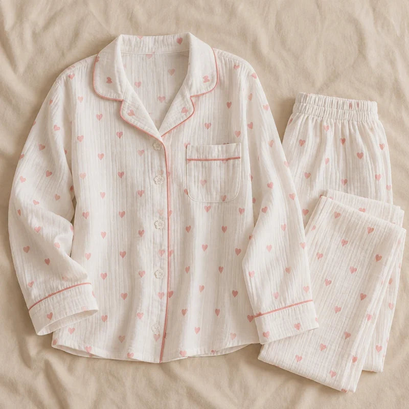 The Cherish Company — Oversized Cotton Pajamas with Heart Print in White