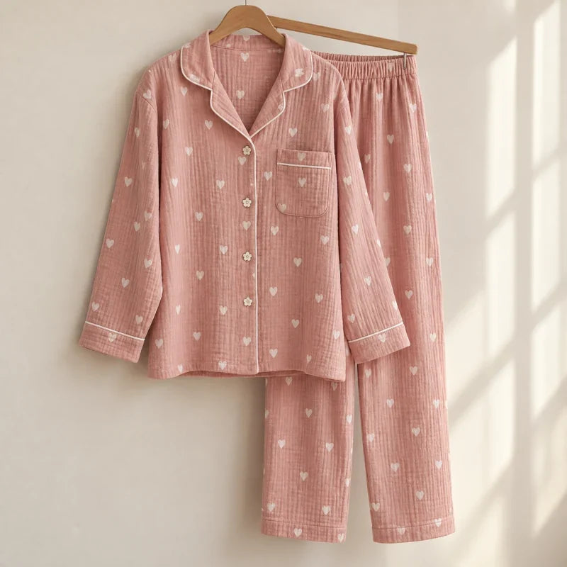 The Cherish Company — Oversized Cotton Pajamas with Heart Print in Pink