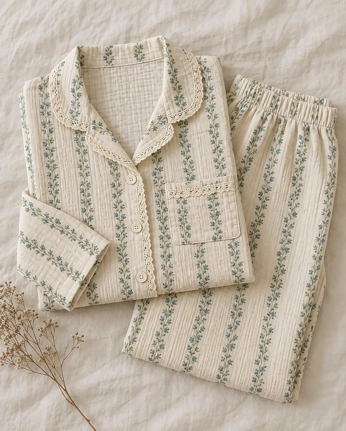 The Cherish Company — Baggy Muslin Pajamas in Two Prints in Meadow Lace