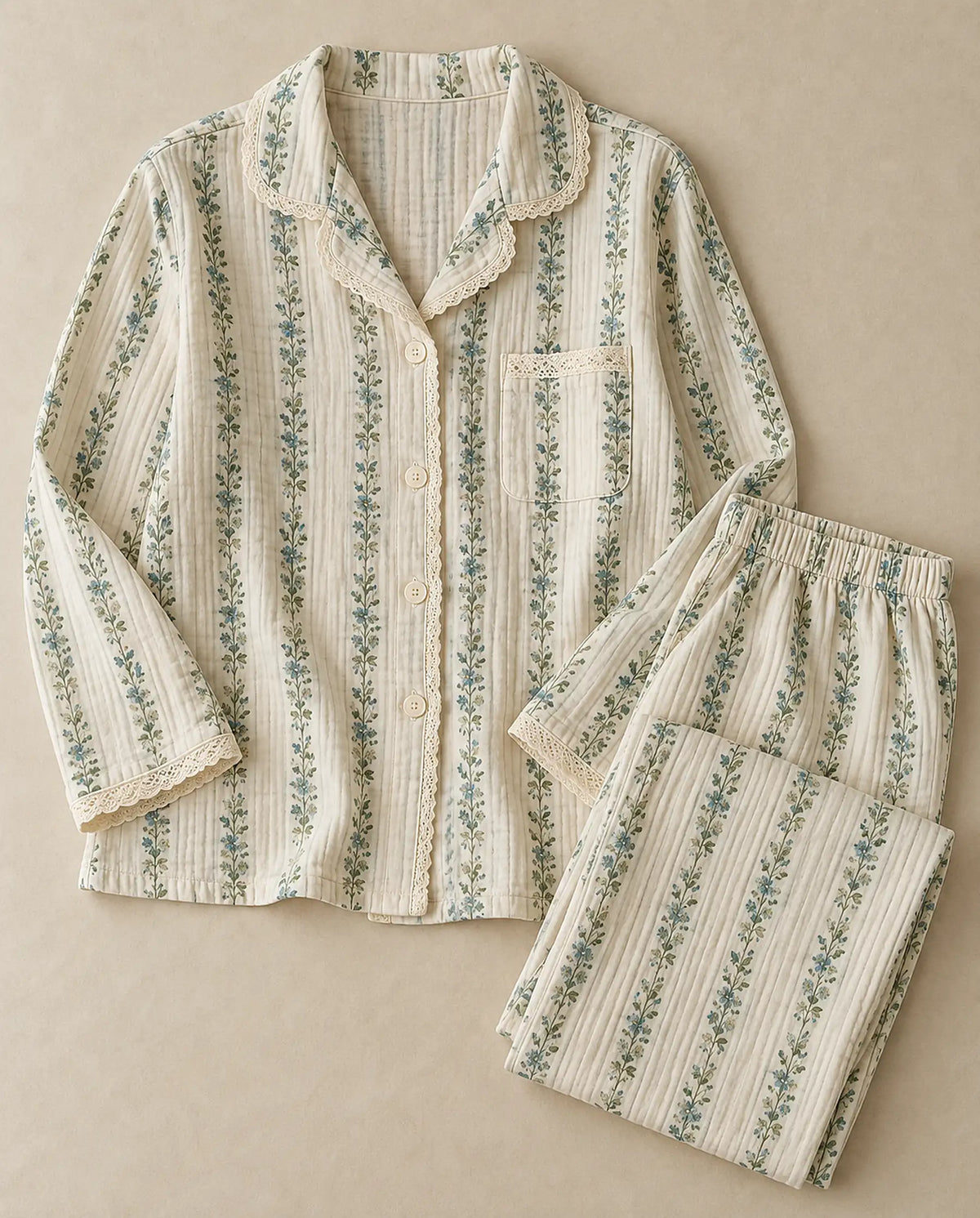 The Cherish Company — Baggy Muslin Pajamas in Two Prints in Meadow Lace