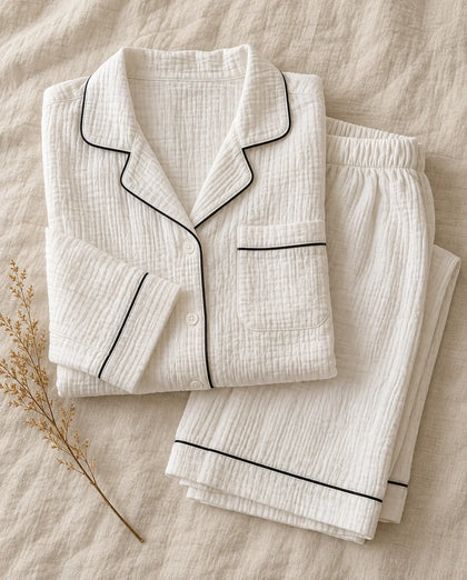 The Cherish Company — Full-Length Muslin Pajama Set with Long Sleeves in White