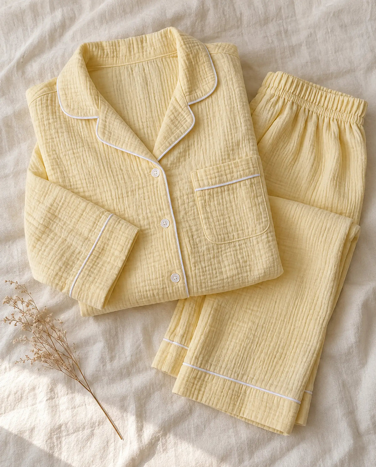 The Cherish Company — Full-Length Muslin Pajama Set with Long Sleeves in Yellow