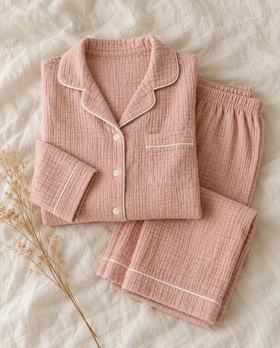The Cherish Company — Full-Length Muslin Pajama Set with Long Sleeves in Pink