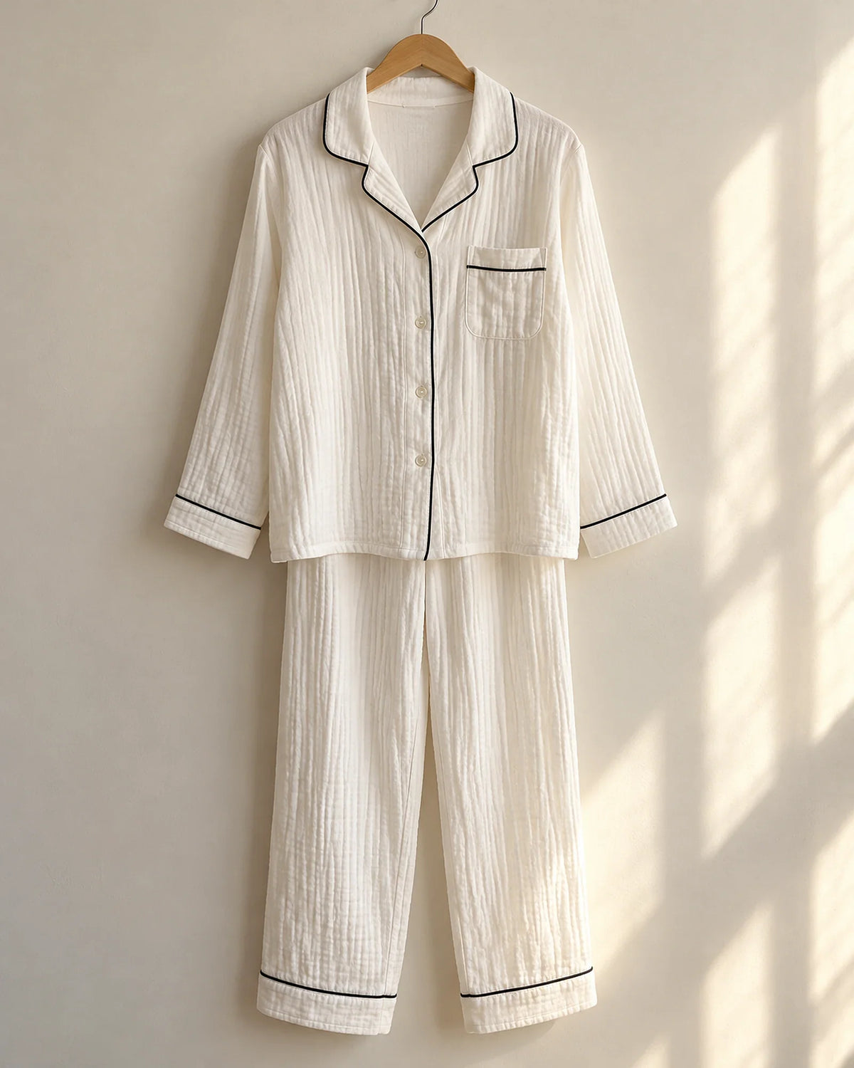 The Cherish Company — Full-Length Muslin Pajama Set with Long Sleeves in White