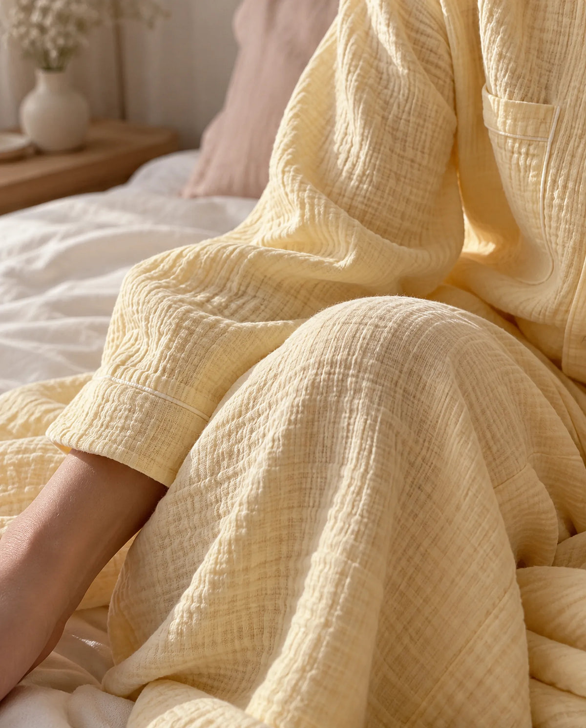 The Cherish Company — Full-Length Muslin Pajama Set with Long Sleeves in Yellow