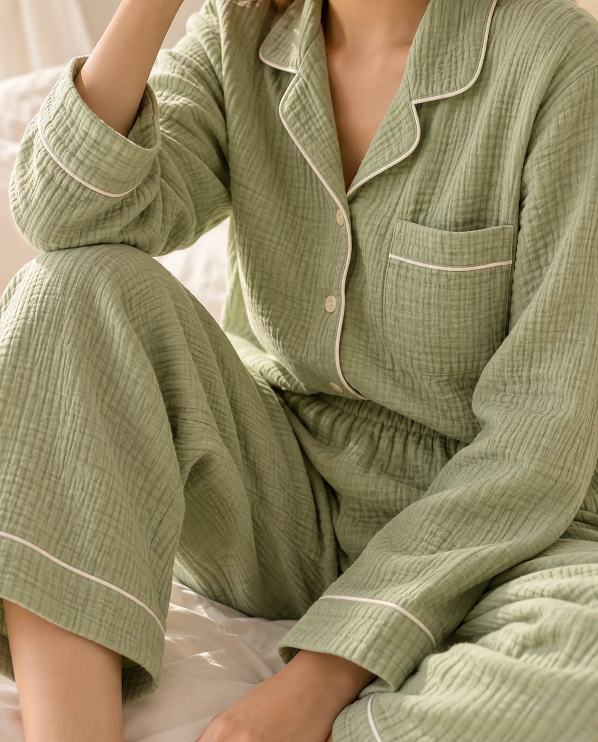 The Cherish Company — Full-Length Muslin Pajama Set with Long Sleeves in Lime Green