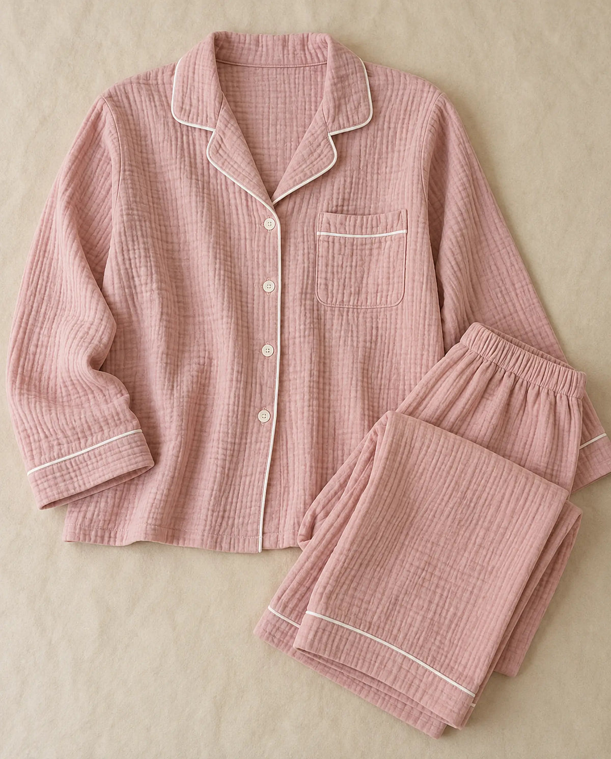 The Cherish Company — Full-Length Muslin Pajama Set with Long Sleeves in Pink