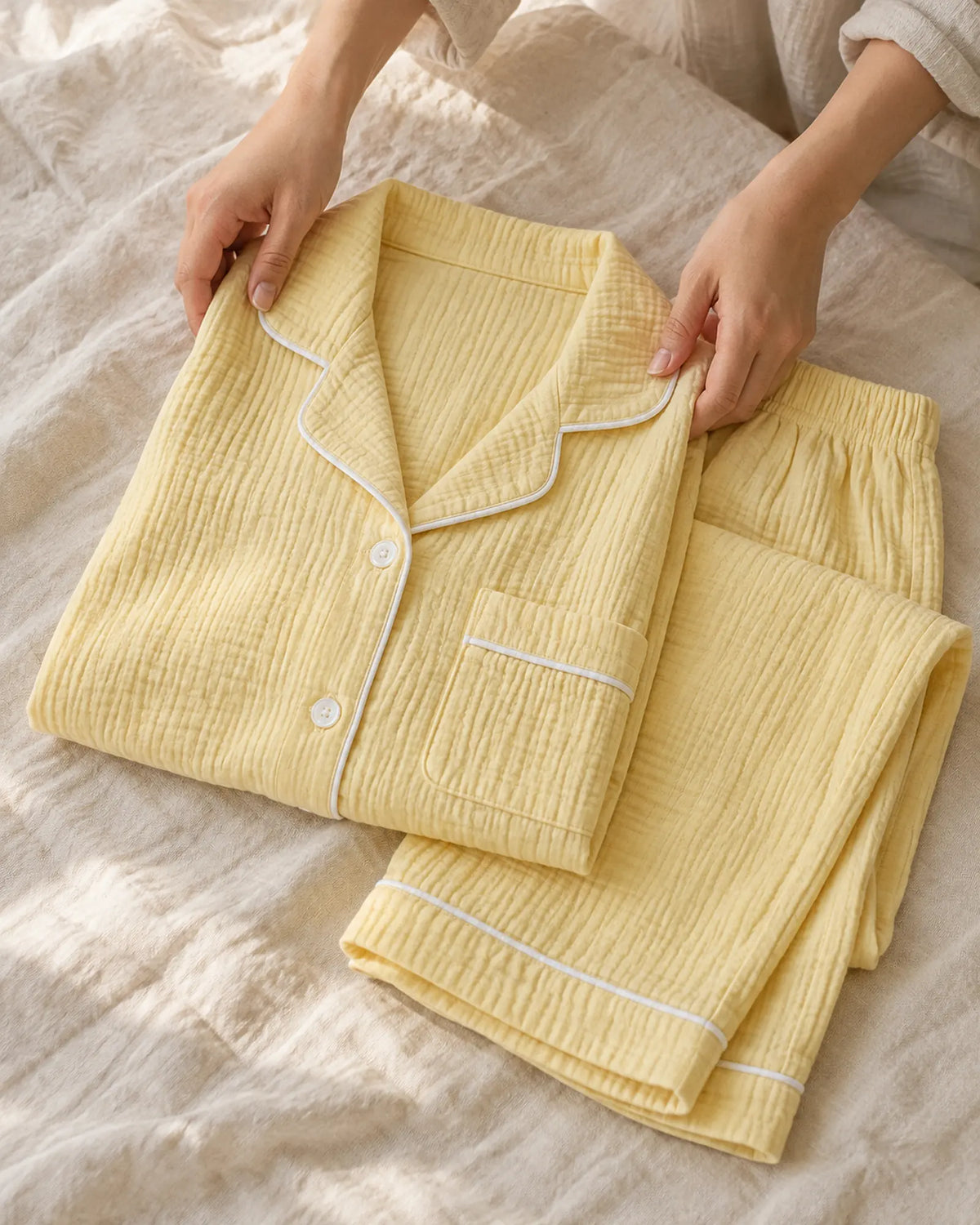 The Cherish Company — Full-Length Muslin Pajama Set with Long Sleeves in Yellow
