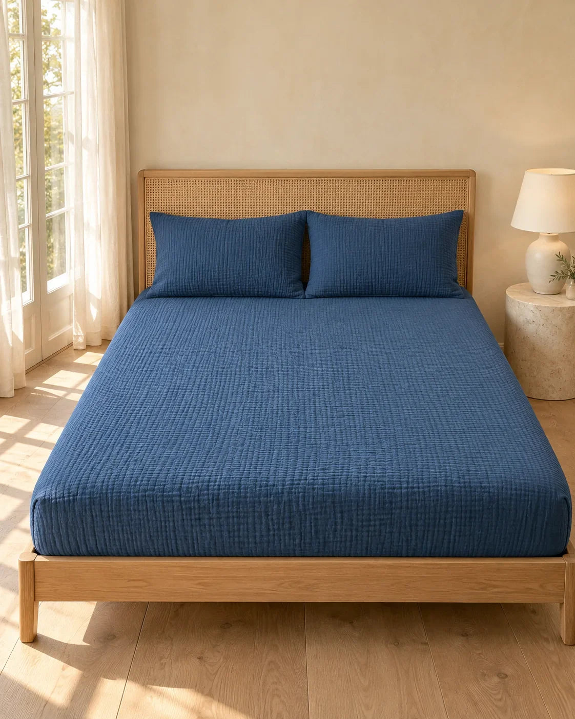 The Cherish Company — Double-Layer Muslin Fitted Sheet Set in Blue