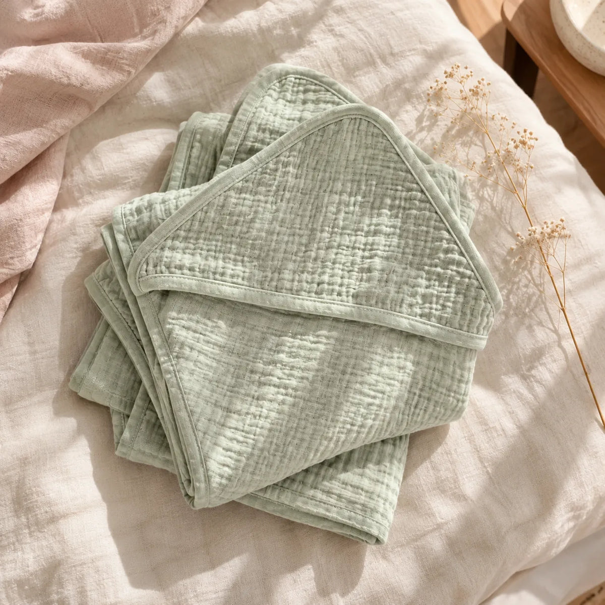 The Cherish Company — Baby Hooded Bath Towel in Quick-Dry Muslin in Peppermint