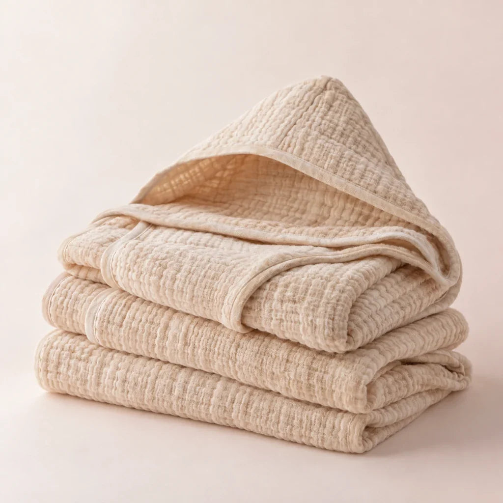 The Cherish Company — Baby Hooded Bath Towel in Quick-Dry Muslin in Dune