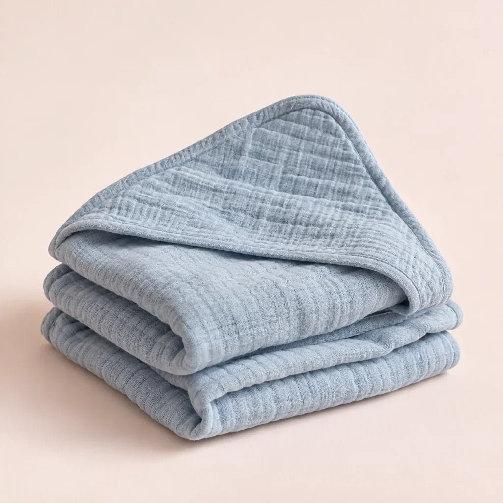 The Cherish Company — Baby Hooded Bath Towel in Quick-Dry Muslin in Blue