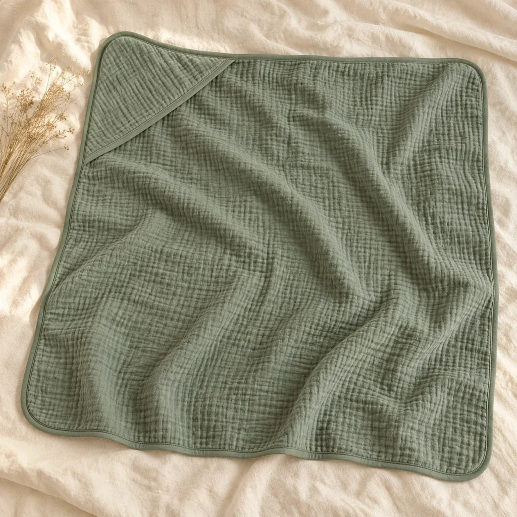 The Cherish Company — Baby Hooded Bath Towel in Quick-Dry Muslin in Dark Green
