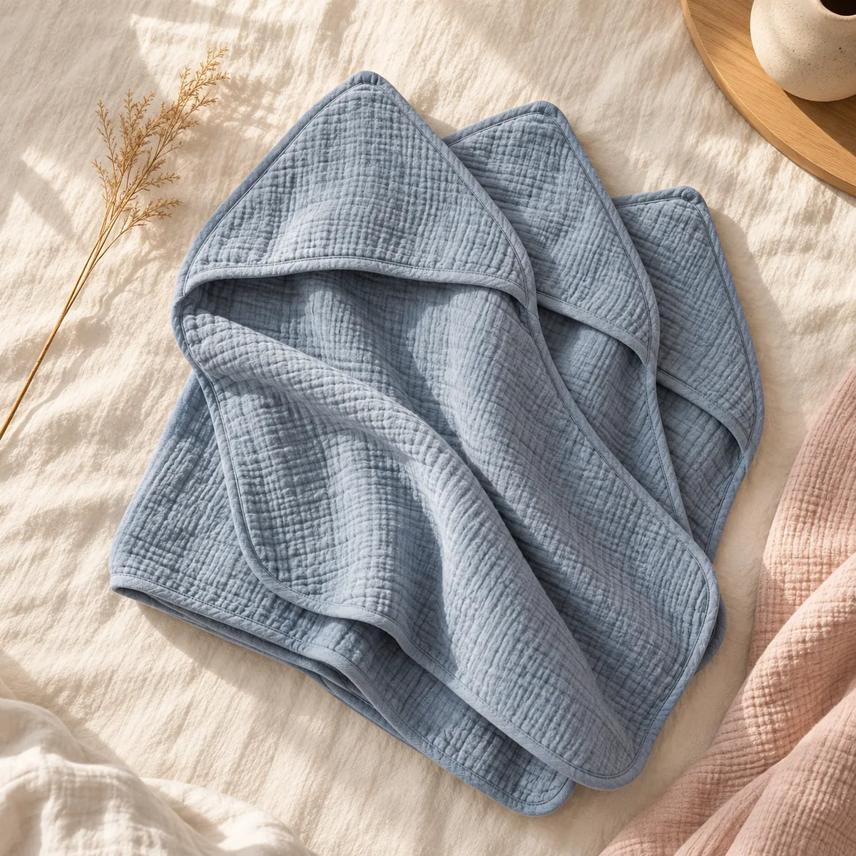 The Cherish Company — Baby Hooded Bath Towel in Quick-Dry Muslin in Blue