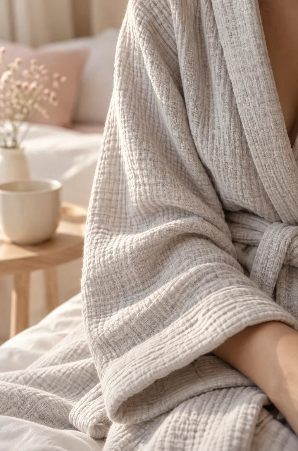 The Cherish Company — Year-Round Muslin Cotton Bathrobe in Light Grey