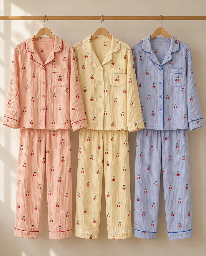 The Cherish Company — Muslin Cotton Pajamas with Cherry Print in Red, Yellow, Blue