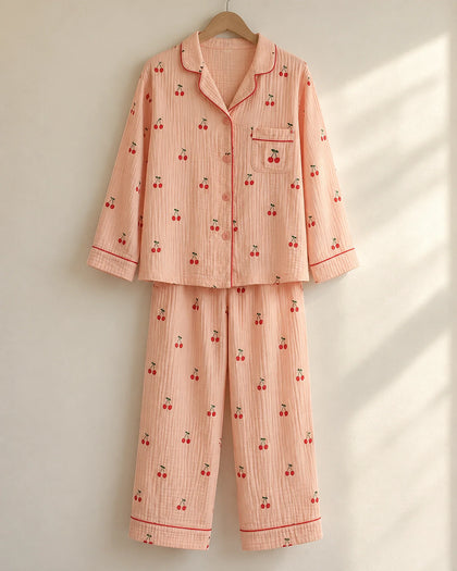 The Cherish Company — Muslin Cotton Pajamas with Cherry Print in Red