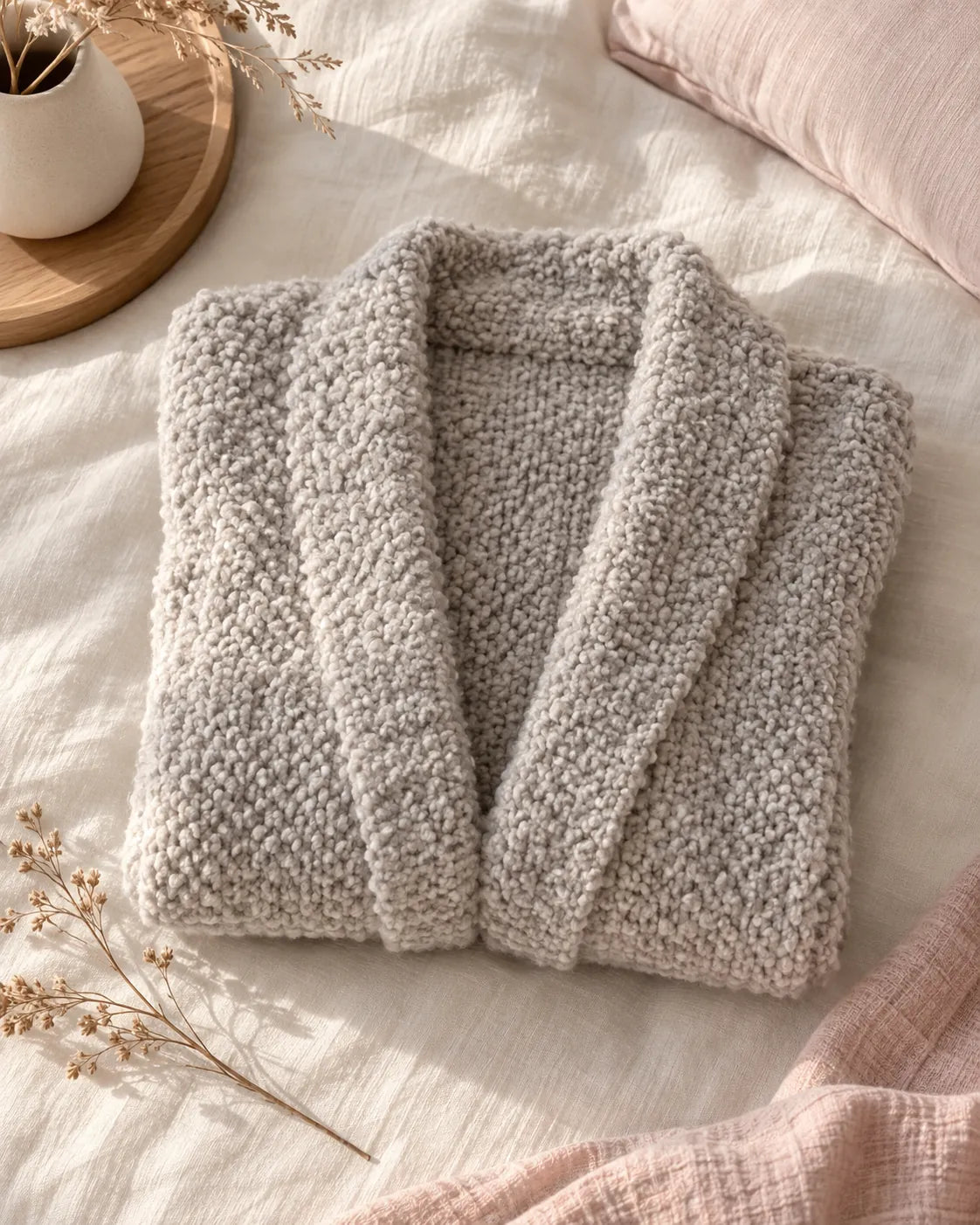 The Cherish Company — Oversized Bouclé Shawl-Collar Cardigan in Light Grey