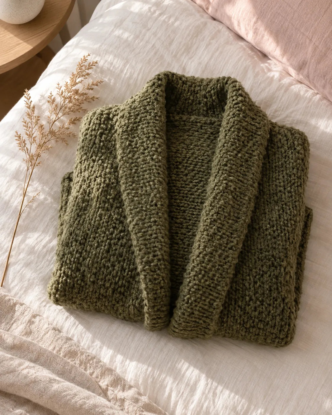 The Cherish Company — Oversized Bouclé Shawl-Collar Cardigan in Olive green