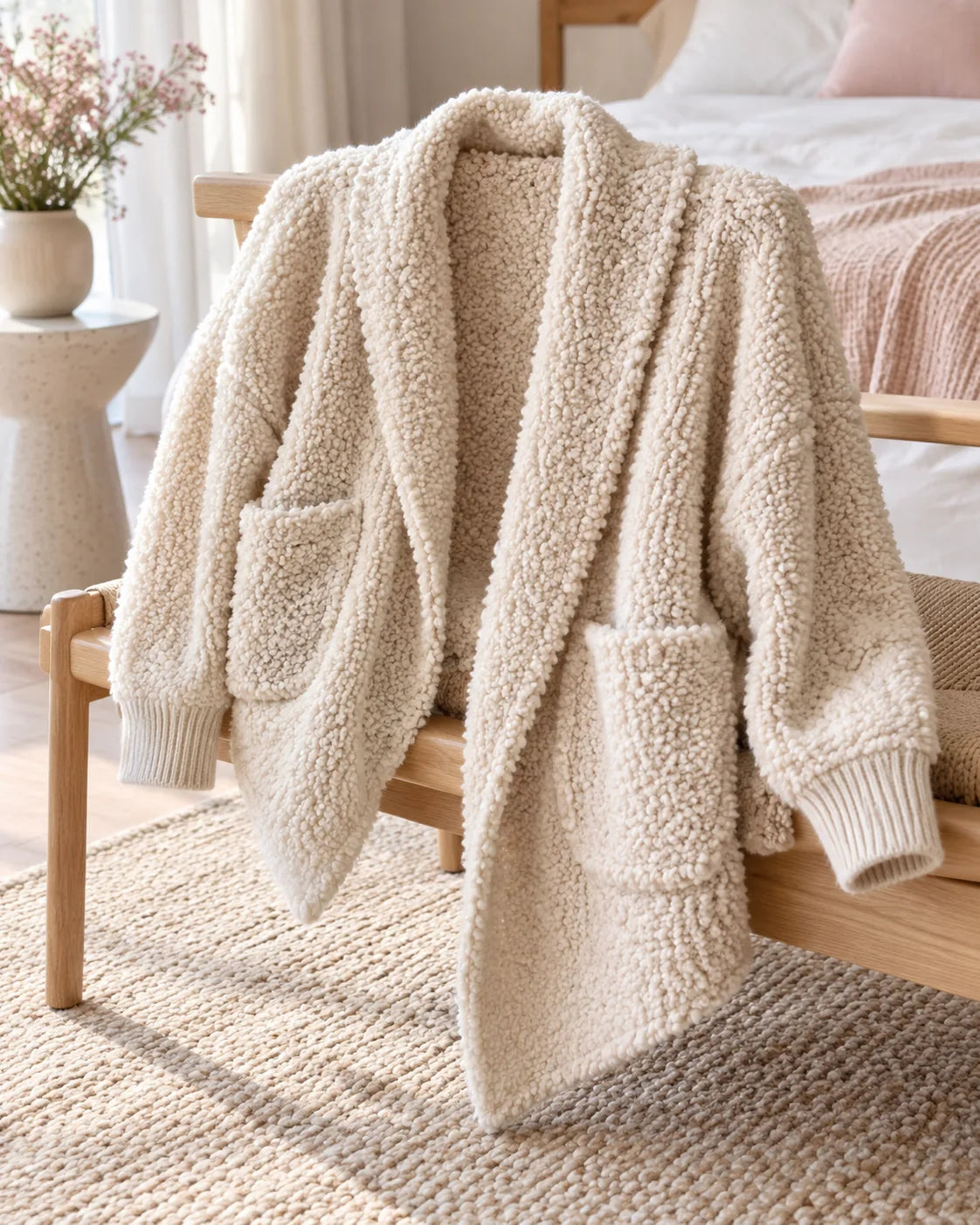 The Cherish Company — Oversized Bouclé Shawl-Collar Cardigan in Beige