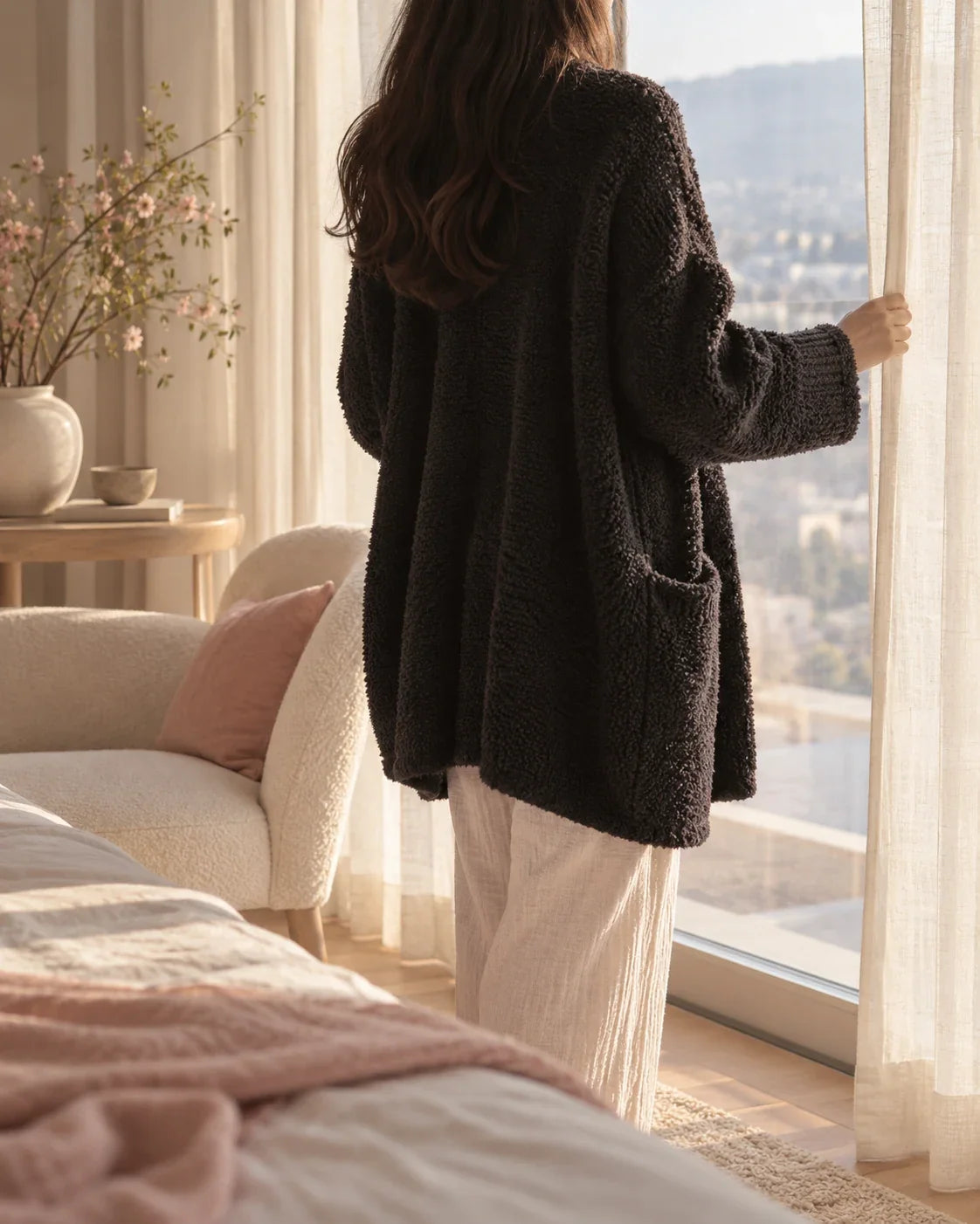 The Cherish Company — Oversized Bouclé Shawl-Collar Cardigan in Black