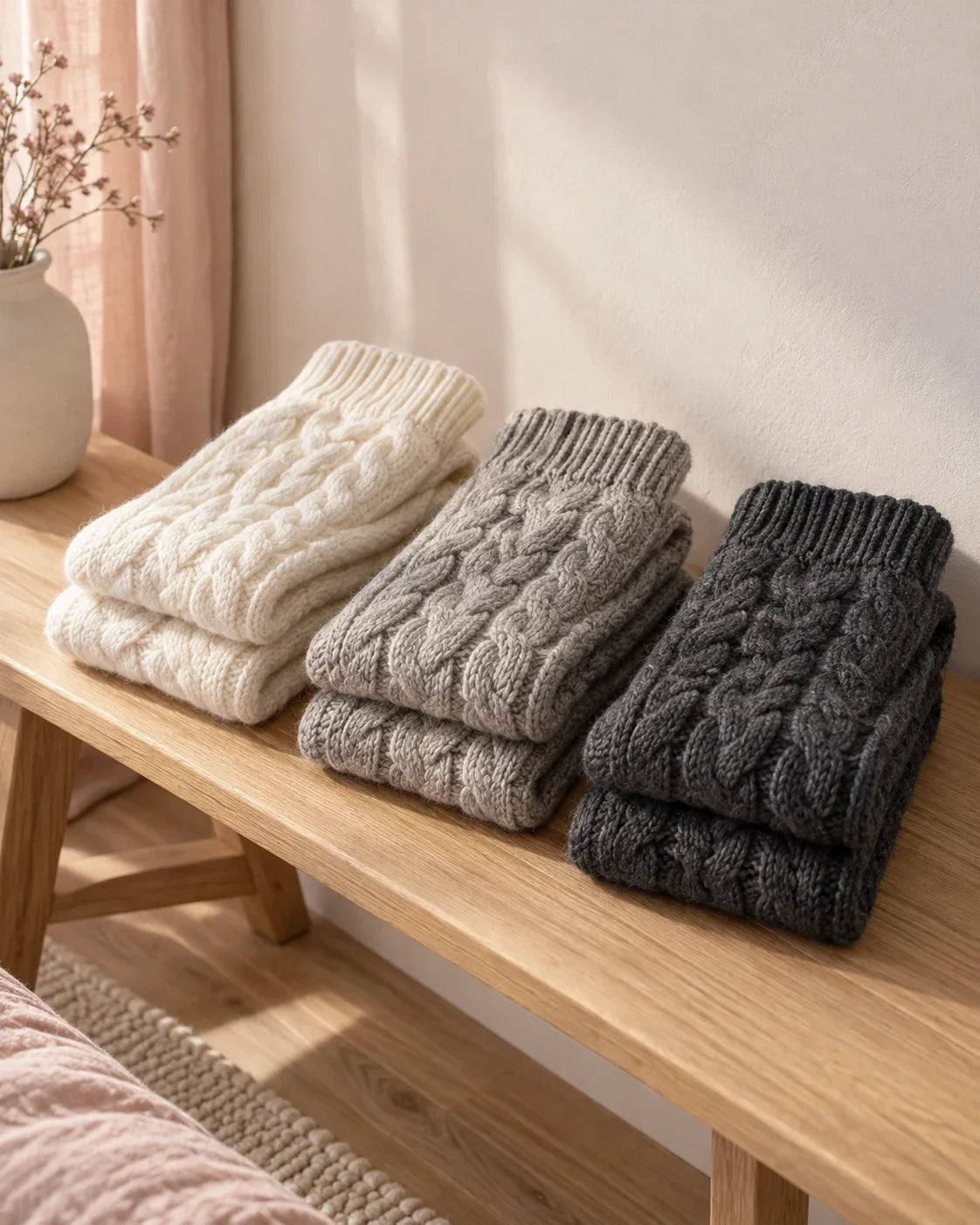 The Cherish Company — Over-Knee Stockings in Chunky Cable Knit in White, Grey, Dark Grey
