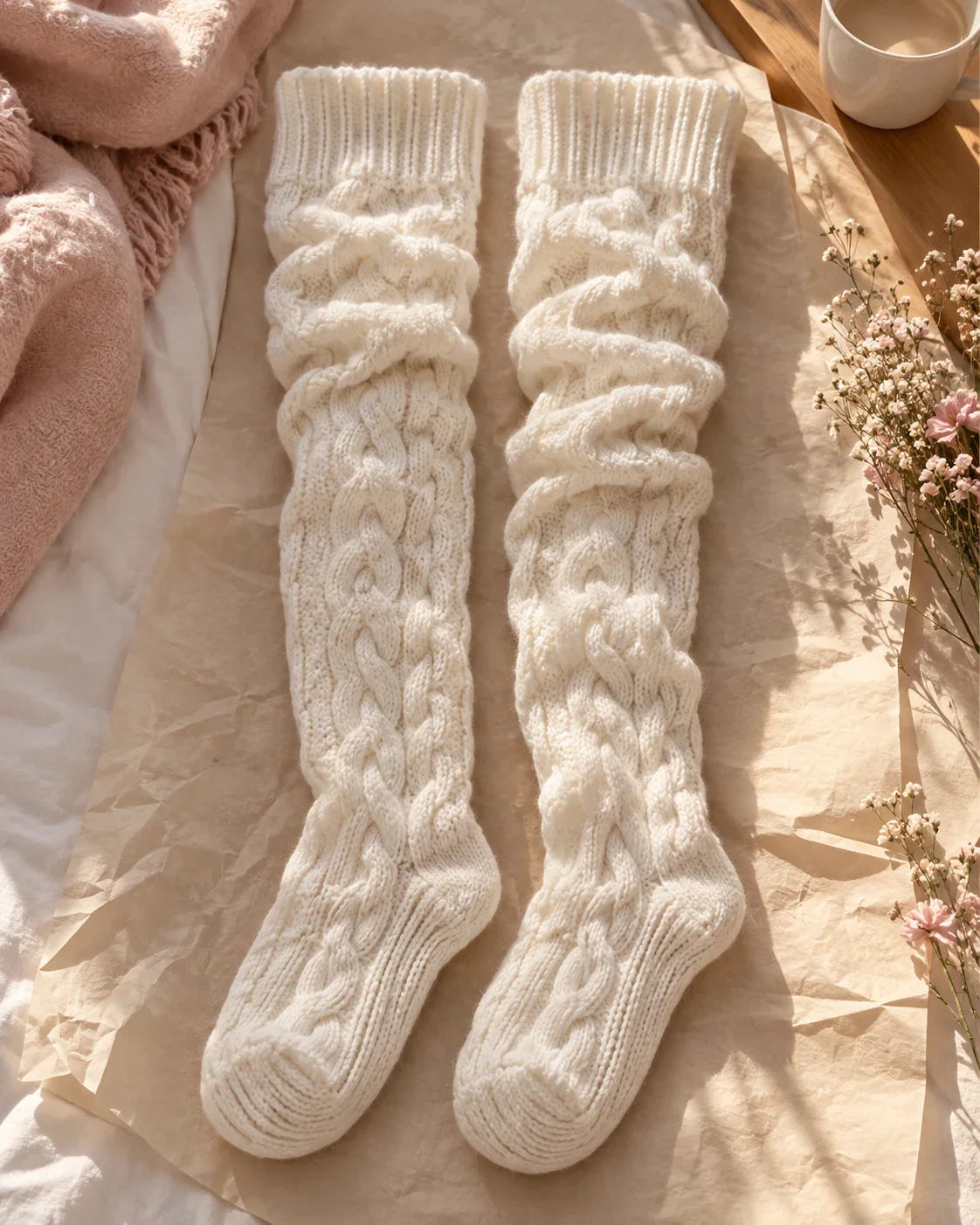 The Cherish Company — Over-Knee Stockings in Chunky Cable Knit in White