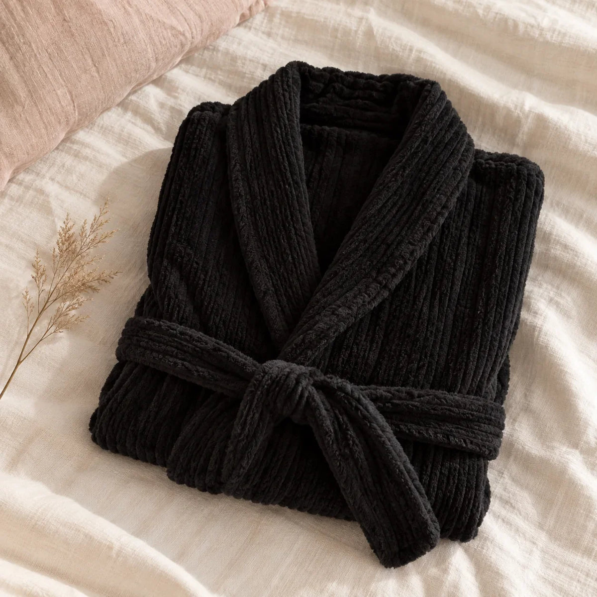 The Cherish Company — Long Ribbed Plush Knit Robe with Tie Belt in Black