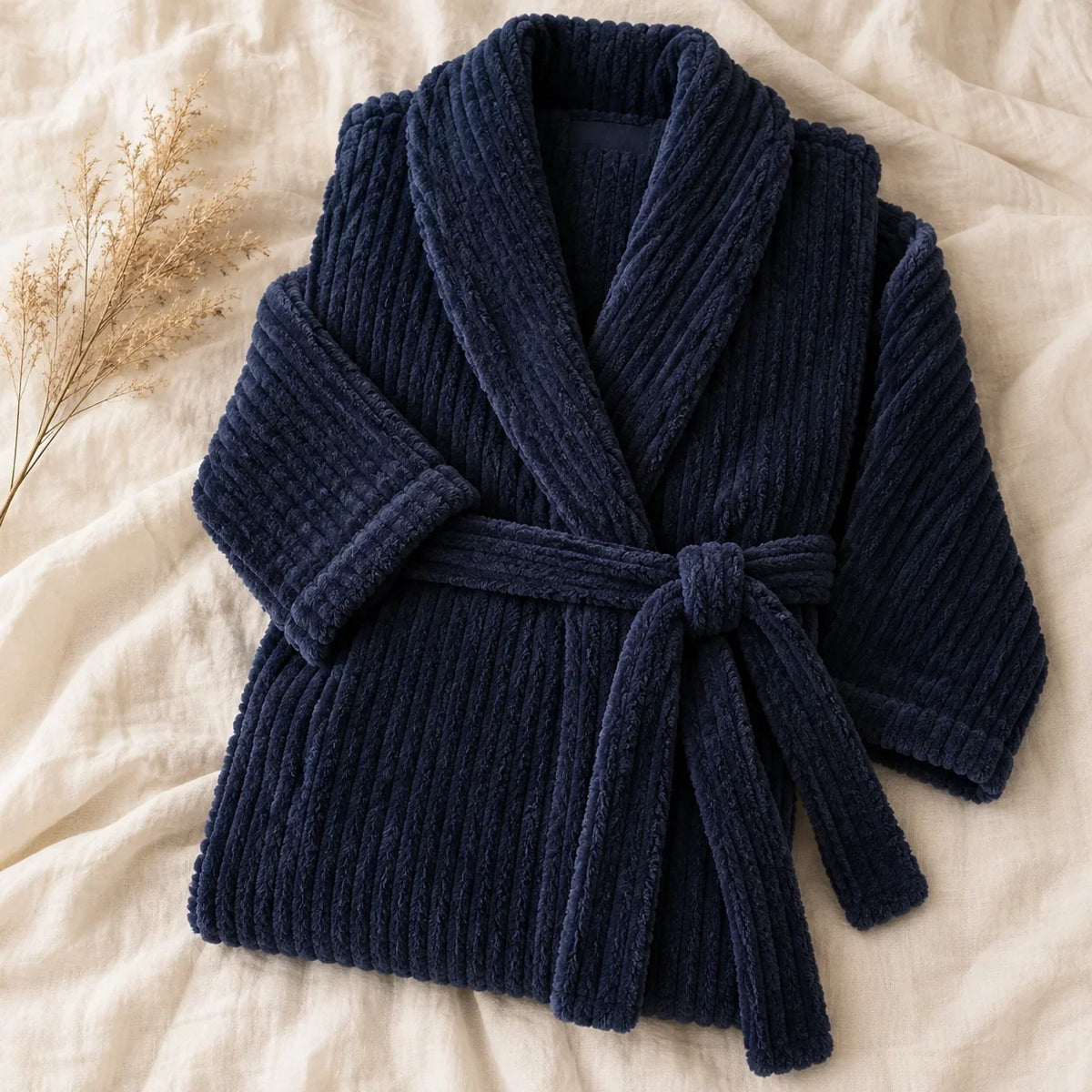 The Cherish Company — Long Ribbed Plush Knit Robe with Tie Belt in Blue