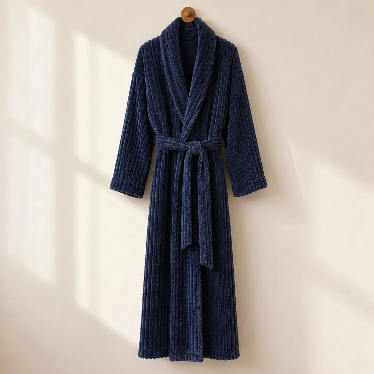 The Cherish Company — Long Ribbed Plush Knit Robe with Tie Belt in Blue