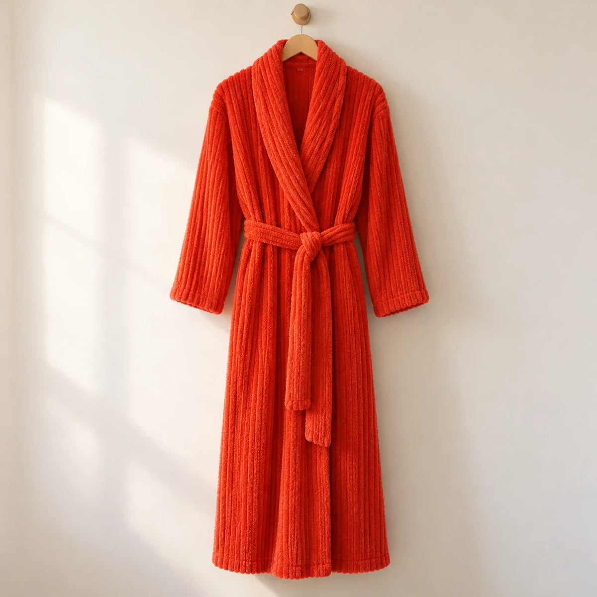 The Cherish Company — Long Ribbed Plush Knit Robe with Tie Belt in Red
