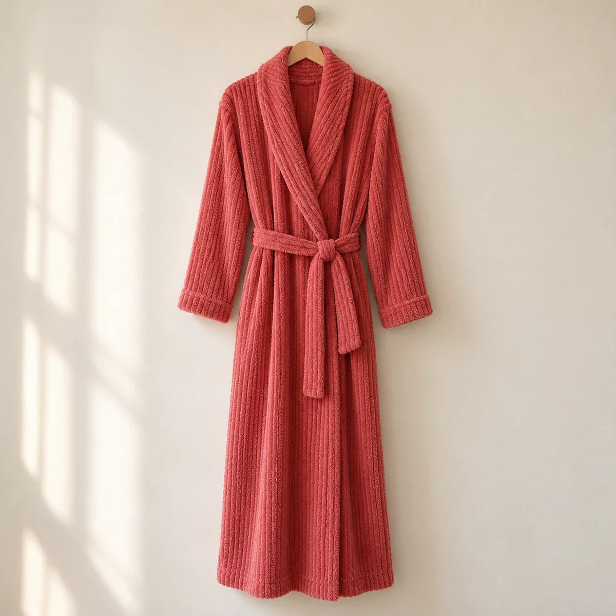 The Cherish Company — Long Ribbed Plush Knit Robe with Tie Belt in Rose gold