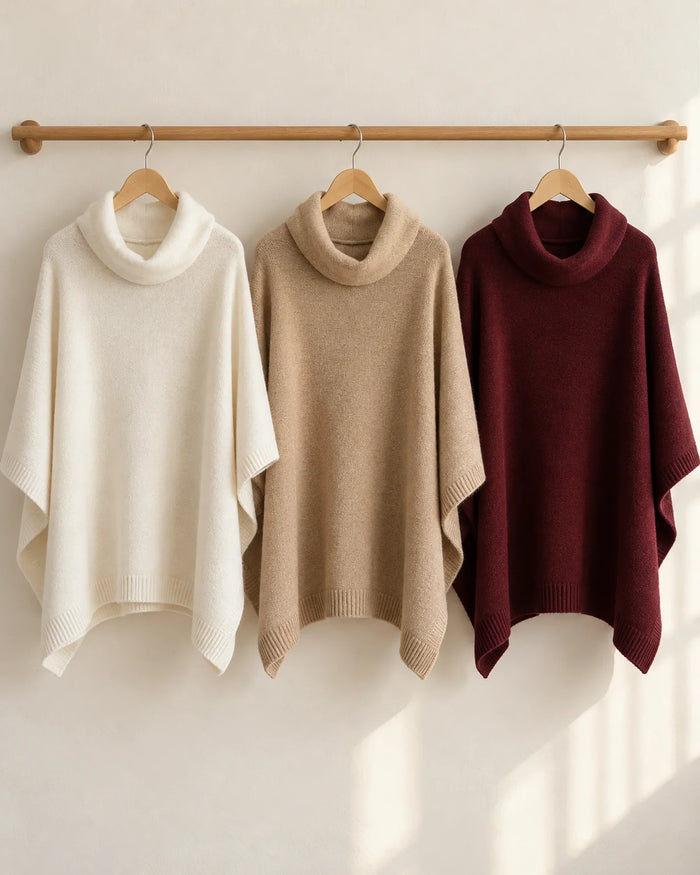 The Cherish Company — Cowl-Neck Knit Fleece Poncho in White, Khaki, Wine Red