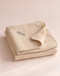 The Cherish Company — Personalized Muslin Blanket with Custom Lettering in Dune