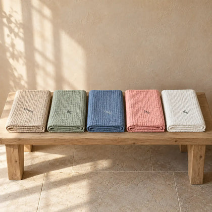 The Cherish Company — Personalized Muslin Blanket with Custom Lettering in Dune, Green, Blue, Pink, White