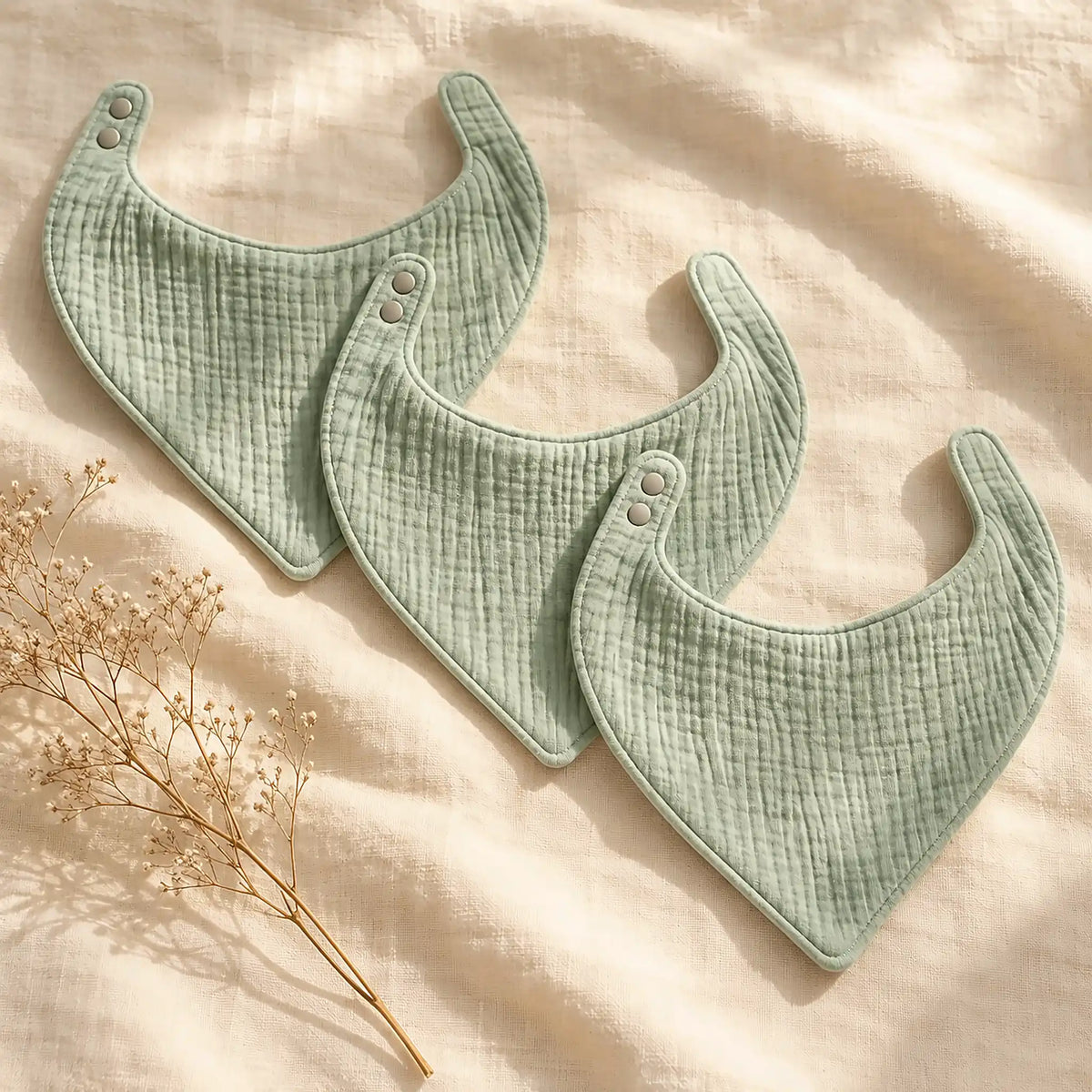 The Cherish Company — Ten-Pack Snap-On Muslin Bibs in Light Green