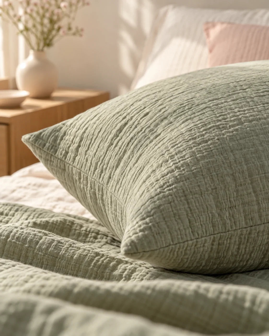 The Cherish Company — Two-Layer Muslin Duvet Cover and Fitted Sheet Set in Green