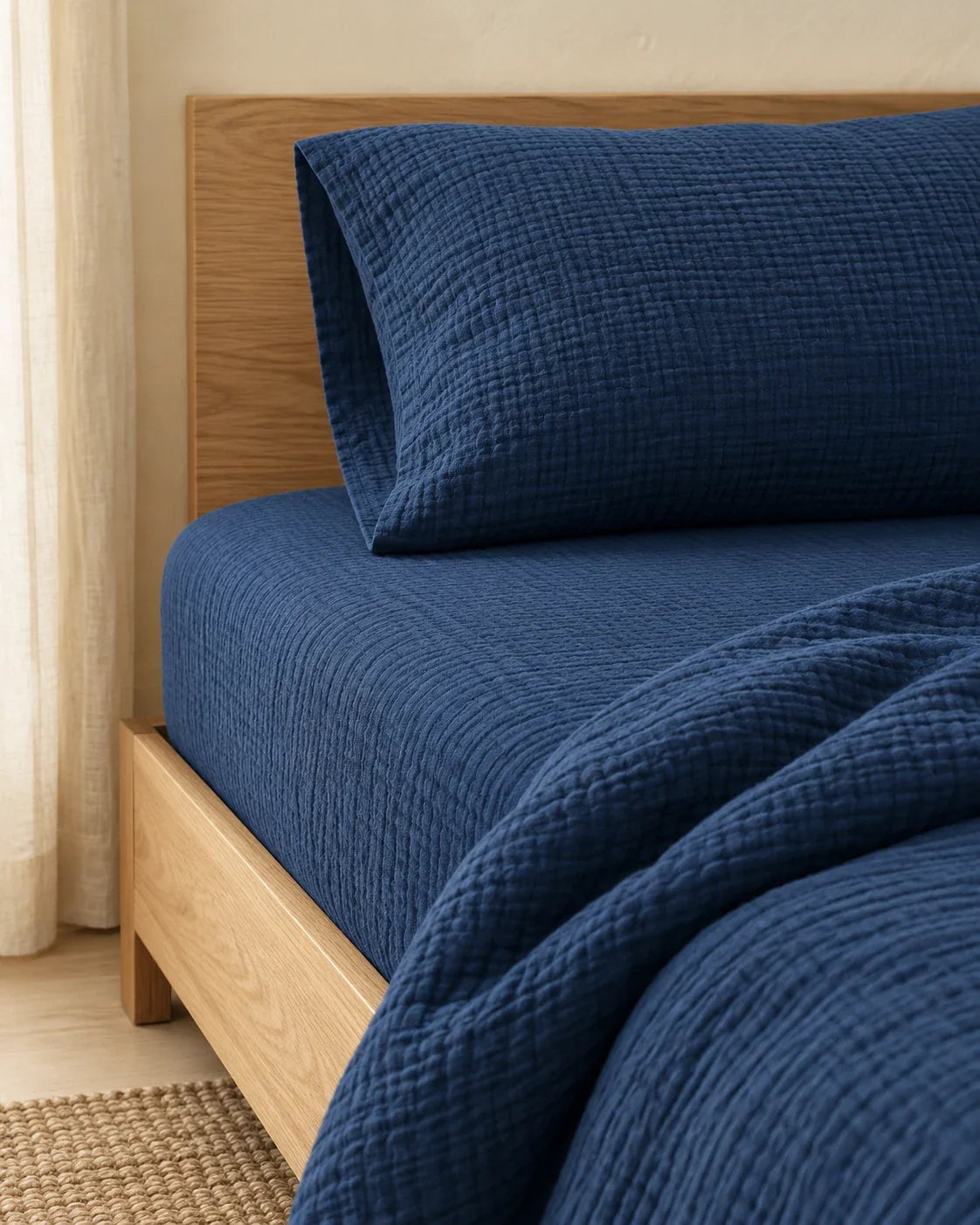 The Cherish Company — Two-Layer Muslin Duvet Cover and Fitted Sheet Set in Blue