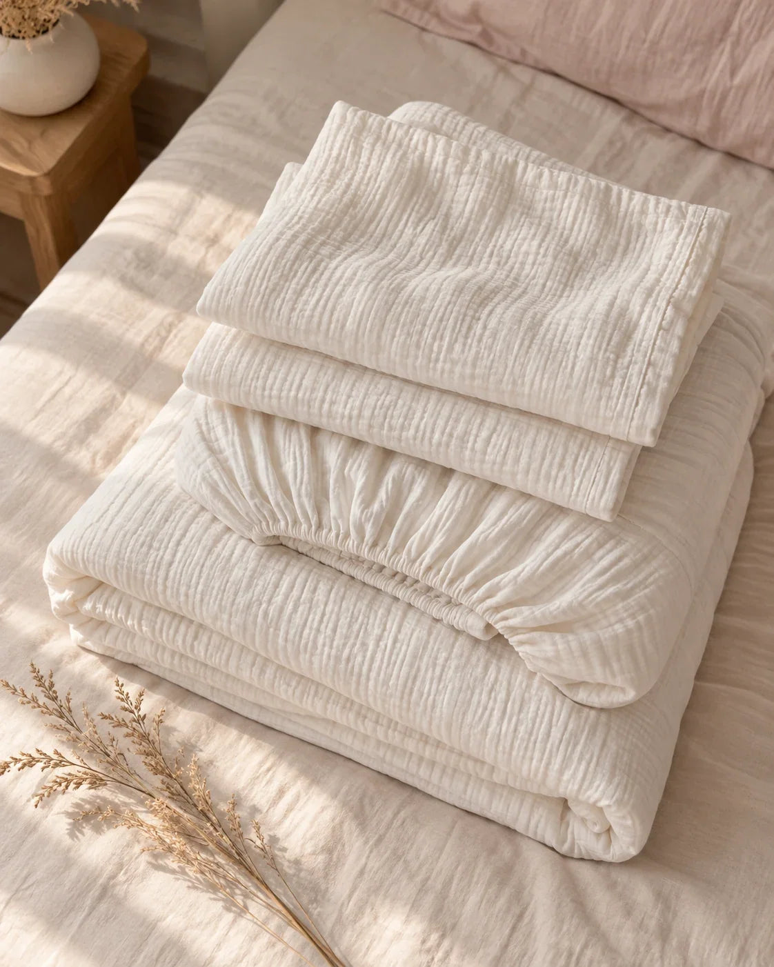 The Cherish Company — Two-Layer Muslin Duvet Cover and Fitted Sheet Set in White