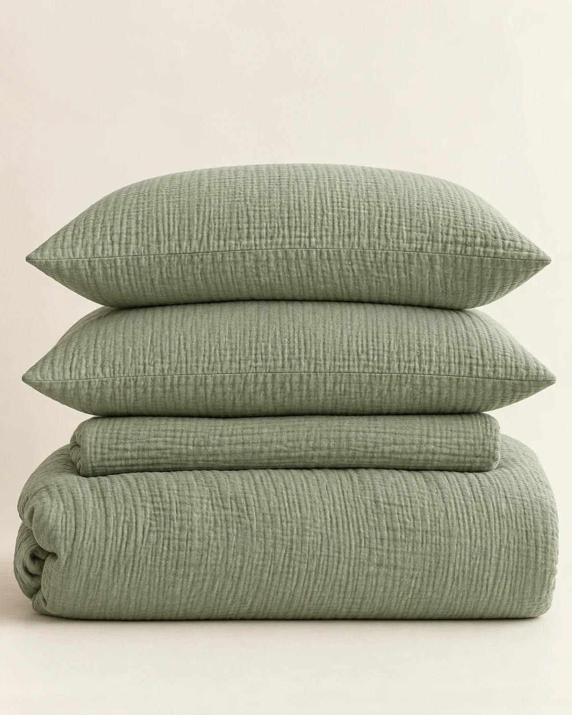 The Cherish Company — Two-Layer Muslin Duvet Cover and Fitted Sheet Set in Green